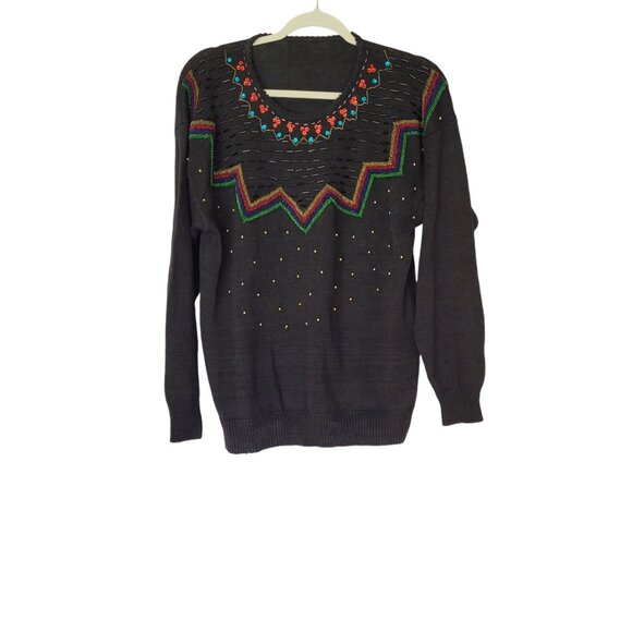 Vintage Beaded Sweater Embroidered Floral & Chevron Design Size XL - Picture 2 of 6